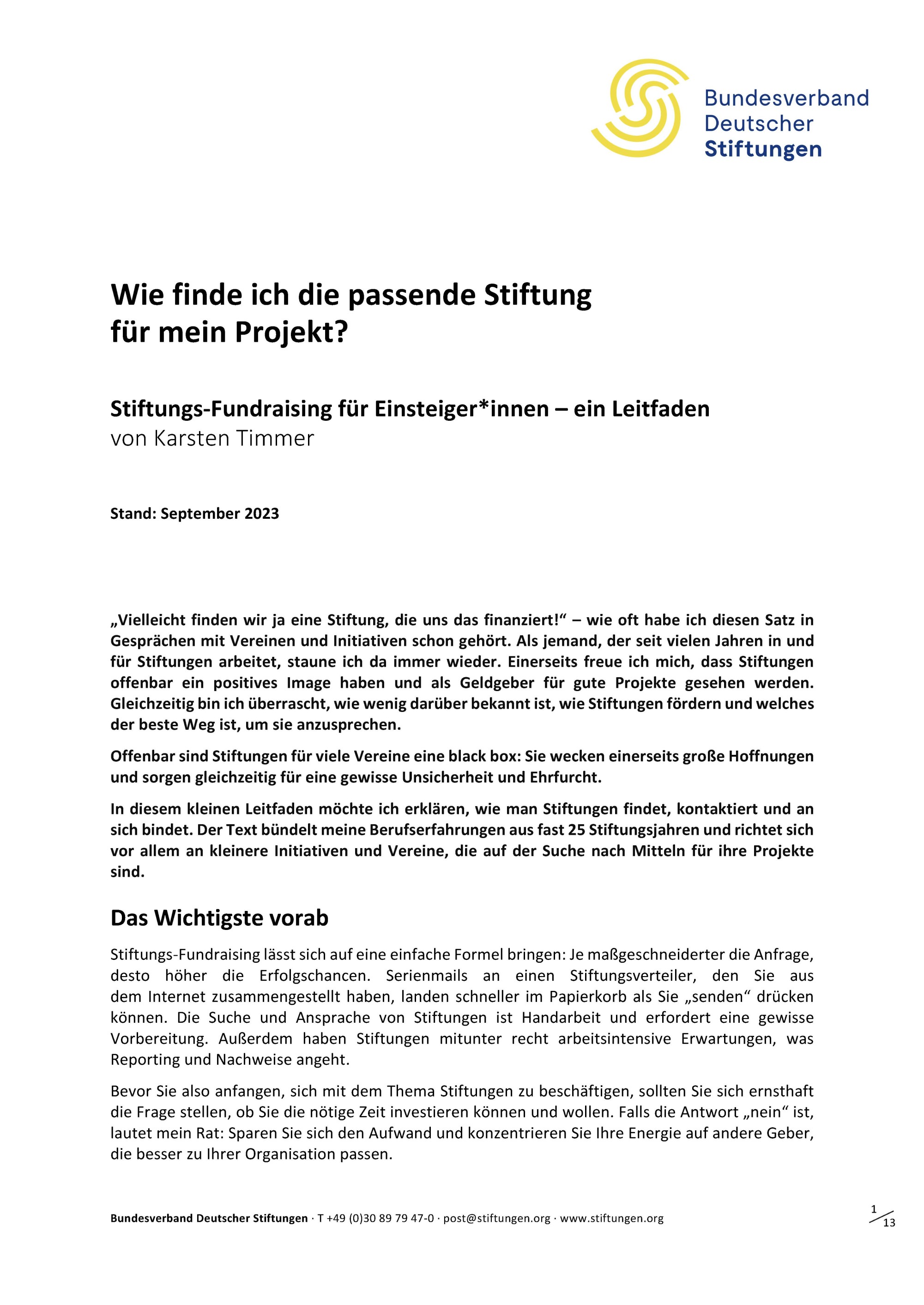 Leitfaden des Bundesverbandes Deutscher Stiftungen zu Stiftungsfundraising