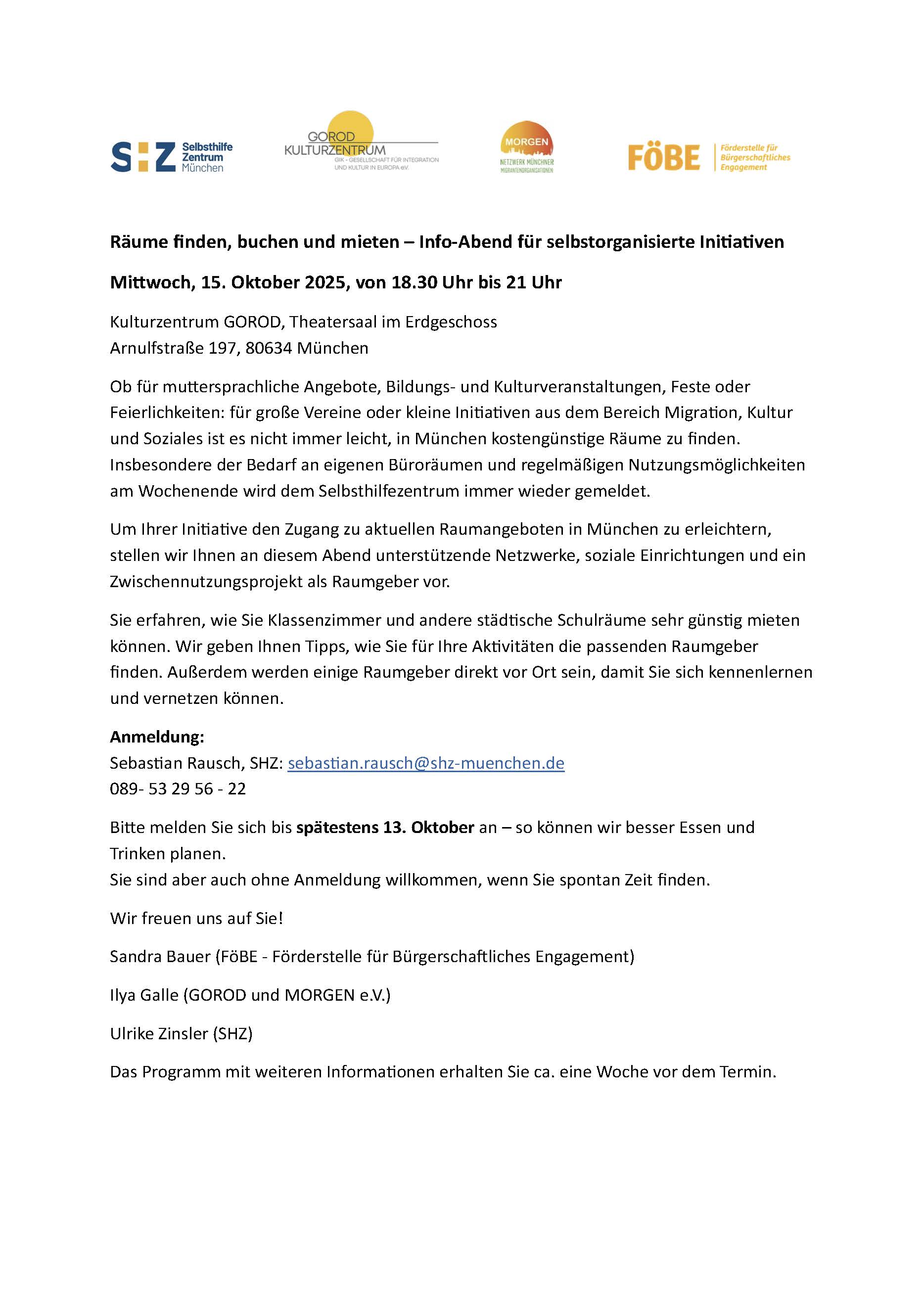 Veranstaltungshinweis zum Inofabend für selbstorganisierte Initiativen am 15.10.2025 im Kulturzentrum Gorod