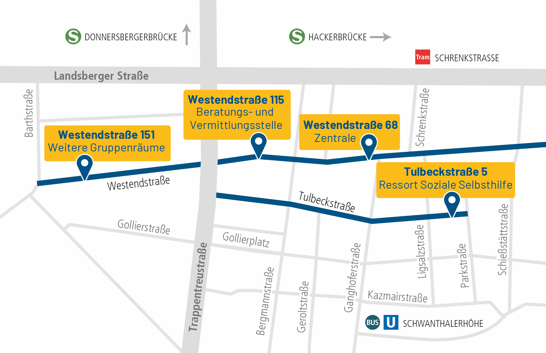 Der Lageplan der Standorte des Selbsthilfezentrum Münchens