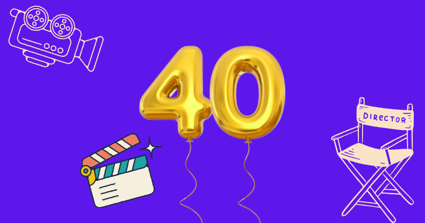 Grafik von goldenen Luftballons in der Form der Zahl 40. Daneben sind eine Filmkamera, ein Regisseursstuhl und eine Filmklappe abgebildet.